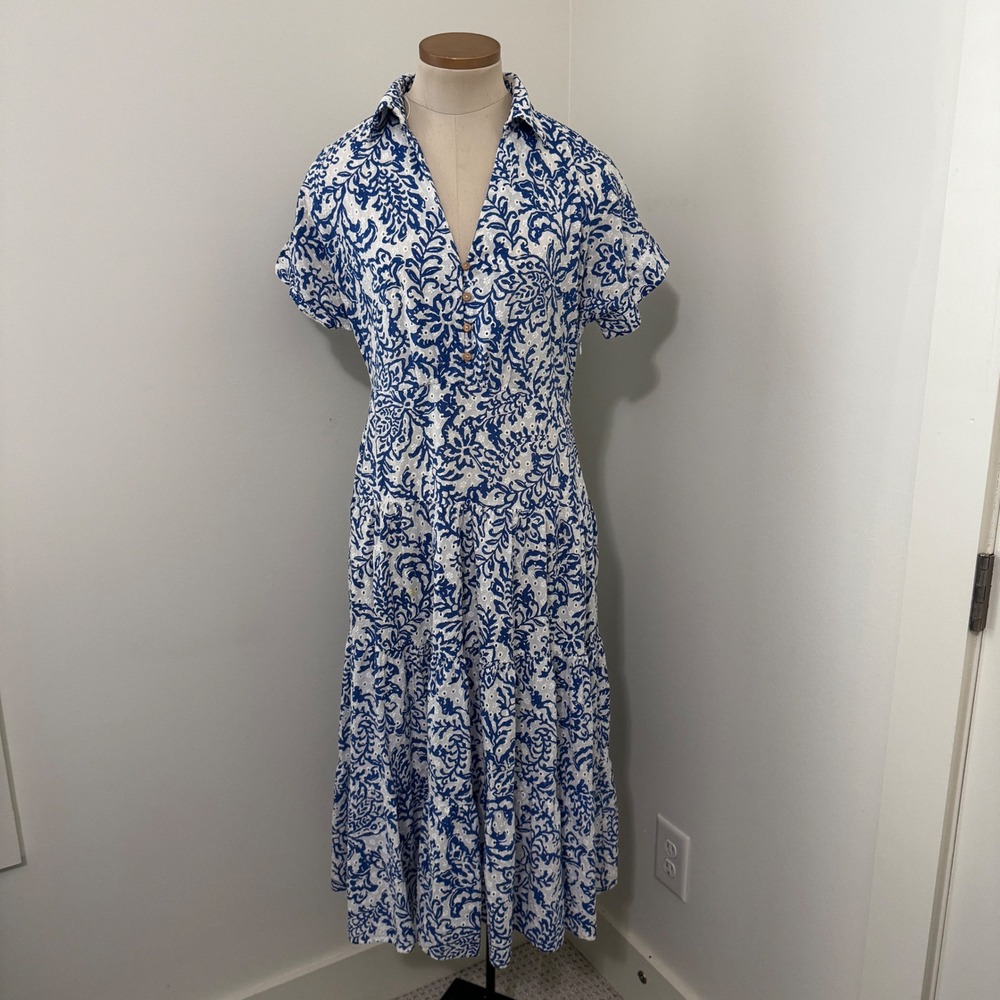 Zara Medium Blue White Floral Eyelet Midi Dress Short Sleeve Open Back Beach